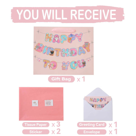 13 Inch Large Cat Birthday Gift Bag Set With Handles, Greeting Card, Pink Tissue Paper, Kitty Themed Stickers, Banner, Easy Packaging
