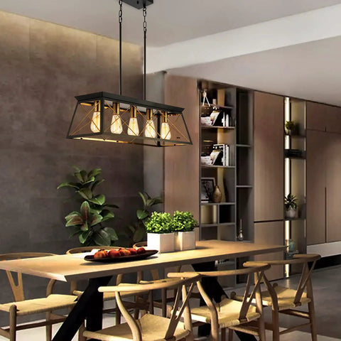 Dining room with Five Light Farmhouse Rectangular Pendant Chandelier For Dining Room And Kitchen Island, Black Rustic Metal Frame With Brass Gold Sockets, Adjustable Height Chain, E26 Base Bulbs Not Included, 31.5 Inch Long hanging above wooden table.
