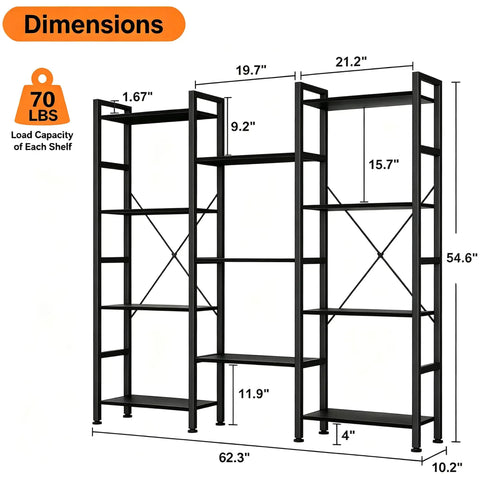 Dimensions of Triple Column 4 Tier Industrial Bookshelf With 11 Open Display Shelves Adjustable Storage Wide Convertible Display