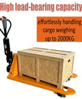 Heavy-Duty Full Electric Pallet Jack With 2 Ton Lift Capacity And Compact Design Perfect For Supermarkets And Logistics Centers Featuring Brushless Motor Power with a wooden crate loaded, showcasing high load capacity.