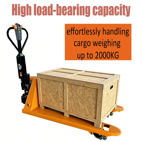 Heavy-Duty Full Electric Pallet Jack With 2 Ton Lift Capacity And Compact Design Perfect For Supermarkets And Logistics Centers Featuring Brushless Motor Power with a wooden crate loaded, showcasing high load capacity.