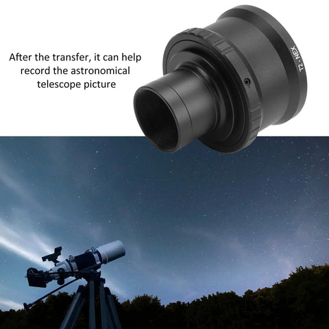 1.25 Inch Telescope T Mount Ring Adapter for E Mount Mirrorless Cameras, aluminum alloy, showing connection to telescope for astrophotography.