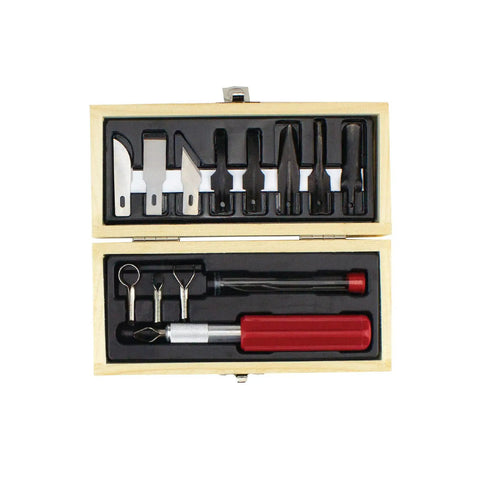 14 Piece Woodworking Set With K5 Handle, assorted blades, gouges, routers in wooden case for carving, model making, DIY projects