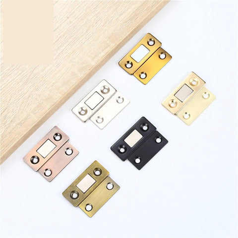 Magnetic Cabinet Catches Set For Quick Snug Closures Invisible Door Latches in gold and various finishes on wood surface