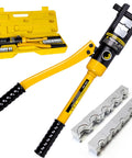 Beefy 16 Ton Hydraulic Wire Crimping Tool With 13 Die Pairs for 9 AWG to 600 MCM copper and aluminum wires, C Style head.