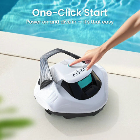 Seagull SE Cordless Robotic Pool Cleaner For Above Ground Pools With LED Indicator, shown being activated poolside.