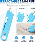 4 In 1 Needle Threader Kit With Seam Ripper Magnifying Glass And Magnetic Guide For Easy Threading Stitch Removal And Quick Sewing Fixes No Fuss All In One Sewing Accessory For Home Crafters retractable seam ripper in blue plastic, extended and retracted