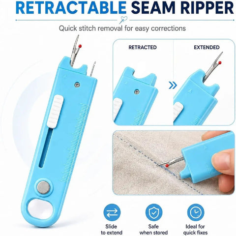 4 In 1 Needle Threader Kit With Seam Ripper Magnifying Glass And Magnetic Guide For Easy Threading Stitch Removal And Quick Sewing Fixes No Fuss All In One Sewing Accessory For Home Crafters retractable seam ripper in blue plastic, extended and retracted