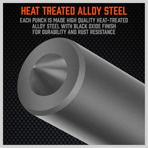 Close-up of heat treated alloy steel punch from Pro Grade Heavy Duty Transfer Punch Set With 28 Pieces, showing precision tip.