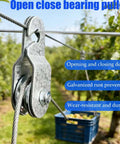 6 Pack Beefy Small Single Pulley Block Wheels With Bearings Open Close Load Up To 180 Lb Galvanized Aluminum Zinc Construction Heavy Duty Cable Pulley Set For Lifting And Rigging close-up open-close pulley on rope with galvanized finish