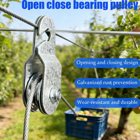 6 Pack Beefy Small Single Pulley Block Wheels With Bearings Open Close Load Up To 180 Lb Galvanized Aluminum Zinc Construction Heavy Duty Cable Pulley Set For Lifting And Rigging close-up open-close pulley on rope with galvanized finish
