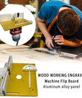 Rock Solid Aluminum Router Lift Precision Milling Table Insert for woodworking, showing aluminum alloy panel and engraving tool in use.