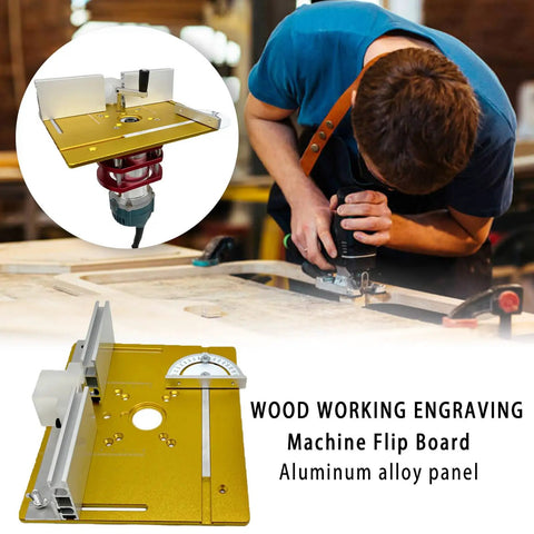 Rock Solid Aluminum Router Lift Precision Milling Table Insert for woodworking, showing aluminum alloy panel and engraving tool in use.