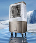 Heavy Duty Evaporative Swamp Cooler With Three Speed Settings For Outdoor Patio Garage And Commercial Spaces on a reflective surface.