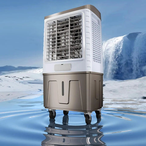 Heavy Duty Evaporative Swamp Cooler With Three Speed Settings For Outdoor Patio Garage And Commercial Spaces on a reflective surface.