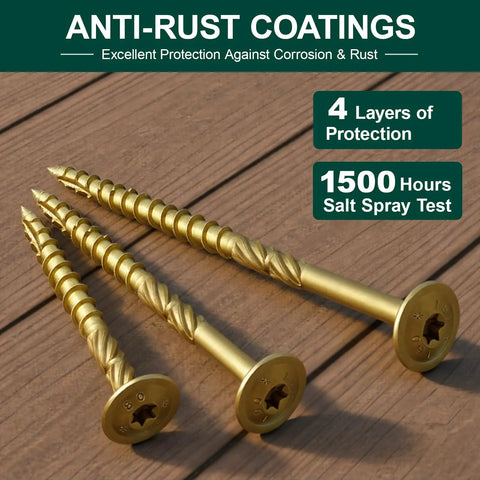 Heavy Workhorse Structural Lag Screws 5/16 By 12 Inch Serrated Thread Fasteners displayed with anti-rust coating on wood.