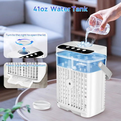 Chill Fast Portable Mini Air Conditioner With 40oz Water Tank Three Fan Speeds Three Cool Mist Modes One To Three Hour Timer Seven LED Lights Perfect For Bedroom Or Office Room showing water tank filling.