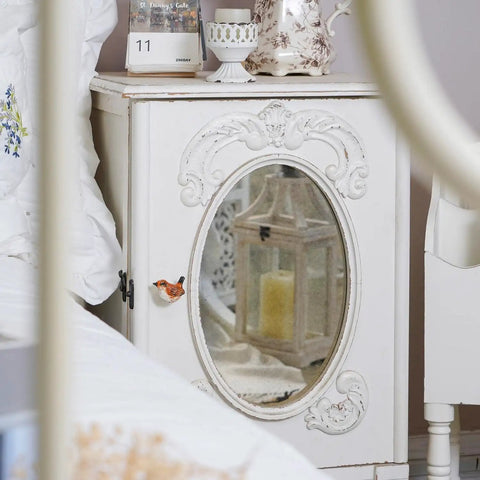 Set Of Four Metal Bird Cabinet Knobs With Colorful 3D Design Decorative Pull Handles installed on white vintage cabinet