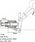 Technical diagram of Heavy Duty Hydraulic Relief Valve M19 x 58mm for car lift power unit, shows dimensions and pressure specs.