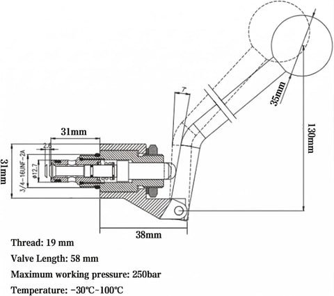 Technical diagram of Heavy Duty Hydraulic Relief Valve M19 x 58mm for car lift power unit, shows dimensions and pressure specs.