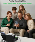 Family using Seven In One Wireless Charging Station For Apple Devices All In One Stand With 30W Fast Charge Powers iPhone 12 13 14 15 16 17 Pro Max Apple Watch AirPods And Bluetooth TimeSyn on table