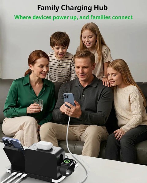 Family using Seven In One Wireless Charging Station For Apple Devices All In One Stand With 30W Fast Charge Powers iPhone 12 13 14 15 16 17 Pro Max Apple Watch AirPods And Bluetooth TimeSyn on table