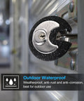 Close-up of 10 Pack 70 mm Keyed Alike Disc Padlocks Outdoor Round Stainless Steel Tough Built To Last With Keys for sheds.