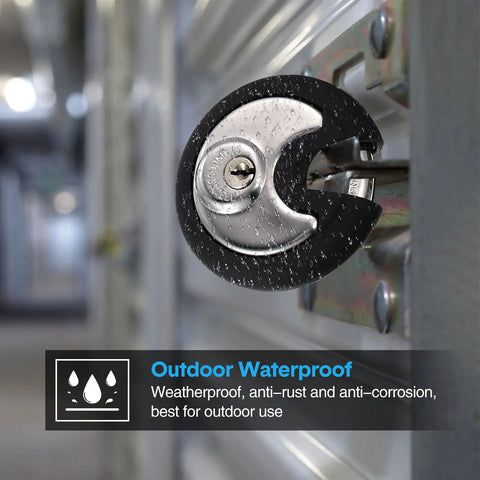 Close-up of 10 Pack 70 mm Keyed Alike Disc Padlocks Outdoor Round Stainless Steel Tough Built To Last With Keys for sheds.