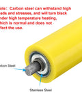 Close-up of Polyurethane Coated Conveyor Roller 2 Pack, 1.5 Inch Diameter by 11 Inch Length showcasing stainless steel shaft and galvanized end with yellow finish.