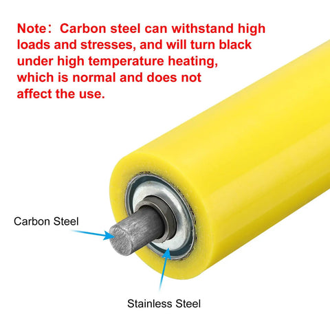 Close-up of Polyurethane Coated Conveyor Roller 2 Pack, 1.5 Inch Diameter by 11 Inch Length showcasing stainless steel shaft and galvanized end with yellow finish.