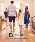 Family entering a bright home through an open door, logo for Delaney visible at the bottom, sunny interior.