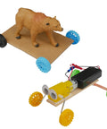 Bulk 100 Plastic Wheels And 50 Steel Axles Set For STEM Projects And DIY Cars And Crafts with cardboard base animal model.