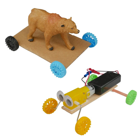 Bulk 100 Plastic Wheels And 50 Steel Axles Set For STEM Projects And DIY Cars And Crafts with cardboard base animal model.