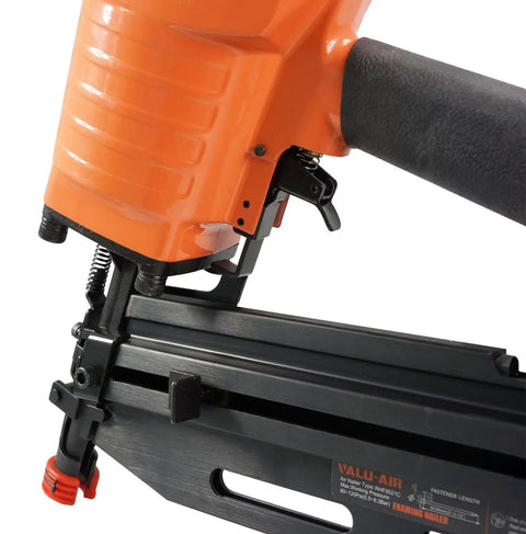 Close-up of 21 Degree Full Round Head Framing Nailer with tool-free depth adjust, orange and black body