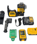 Line Laser Kit For 12V And 20V Max XR Green Three 360 Degree Beams High Precision with charger and accessories displayed.