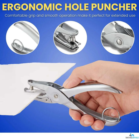 Single Hole Punch For Office Use, Heavy Duty Metal Hole Puncher With 1/4 Inch Punch, 5 Sheet Capacity, Anti Rust Construction, Handy Chip Tray
