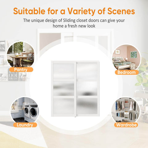 Three Lite Frosted Glass Bypass Sliding Closet Door Set With Track Kit And Floor Guide For 120 Inch Opening in bedroom, pantry, laundry, and wardrobe scenes
