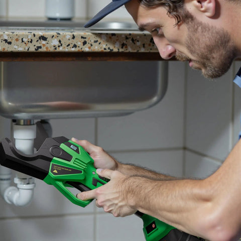 Cordless 18V PVC pipe cutter with LCD display cutting pipe, fits PVC PPR PE PEX pipes, efficient clean cuts for pros