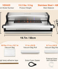 Beast Mode Dual Pump Vacuum Sealer With Dual Sealing Strips And 95KPa 350W Power Auto And Manual Air Sealing Dry And Moist Food Storage Built In Cutter Includes Seal Bags And External Hose, showing dimensions and accessories.
