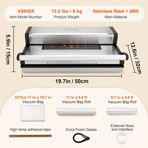 Beast Mode Dual Pump Vacuum Sealer With Dual Sealing Strips And 95KPa 350W Power Auto And Manual Air Sealing Dry And Moist Food Storage Built In Cutter Includes Seal Bags And External Hose, showing dimensions and accessories.