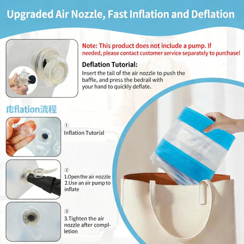 Inflatable Bed Rail for Seniors, Soft Touch Safety Guard With No Metal, quick deflation tutorial and air nozzle display