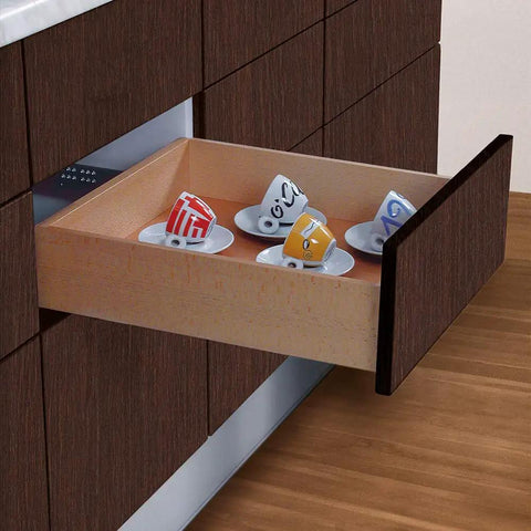 Heavy Duty Full Extension Undermount Drawer Slides With Slick Silent Gliding And Quick Setup Clips For Super Smooth And No Hassle Cabinet Access Everyday, open drawer with coffee cups.