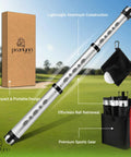 Golf Ball Retriever And Picker Upper Tube With Carry Bag on a golf course, showing aluminum construction and storage case.