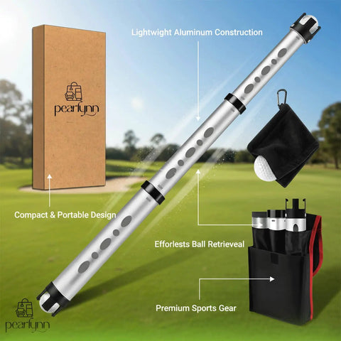 Golf Ball Retriever And Picker Upper Tube With Carry Bag on a golf course, showing aluminum construction and storage case.