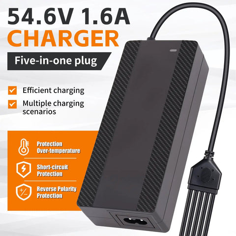 54.6V 1.6A Universal 5-In-1 Ebike Charger For 48V Lithium Batteries Quick Smart Charge With Five Plugs, Compatible With Jetson Gotrax Razor Segway Swagtron Hiboy Lectric XP And More