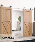 Brushed Nickel Non Bypass Sliding Barn Door Hardware Kit For Two Doors, 11 Foot Flat Track With T Shape Rollers, installed view