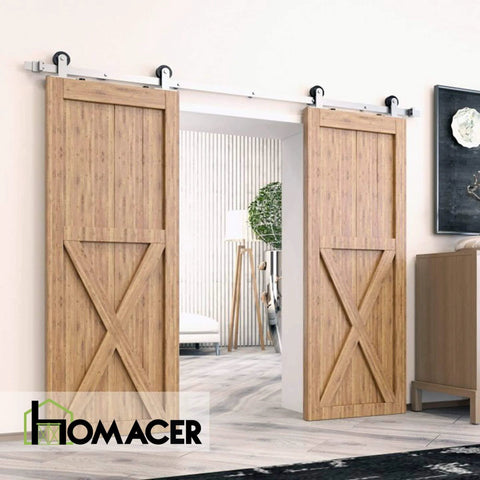 Brushed Nickel Non Bypass Sliding Barn Door Hardware Kit For Two Doors, 11 Foot Flat Track With T Shape Rollers, installed view