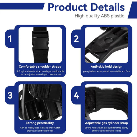 Adjustable Scuba Tank Backpack With Anti Skid Design featuring nylon shoulder straps and ABS plastic support bracket details.