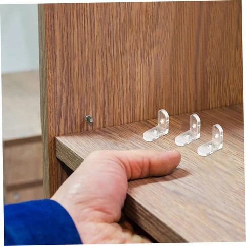10 Pcs Clear Acrylic Corner Brackets For Furniture Reinforcement, L Shaped Braces For Quick Fix, shown in use on shelving.