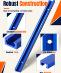 Two Pack 12 Inch Aluminum Pro Grade T Track For Woodworking Jigs And Fixtures With Double Cut Profile And Predrilled Mounting Holes And Screws Universal T Slot Rail For Drill Press And Router Tables. Detailed close-up showing blue anodized finish and pre-drilled holes.